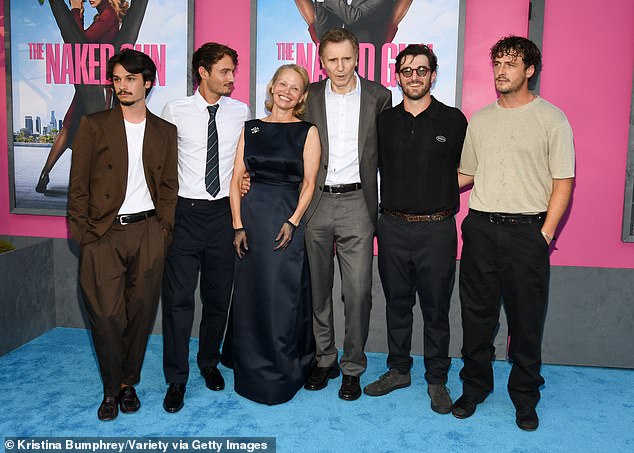 Anderson and Neeson looked like every bit the blended family as they posed with their two sons, including 30-year-old Micheál Neeson (R) and 27-year-old Dylan Lee (L), at the New York premiere last Monday
