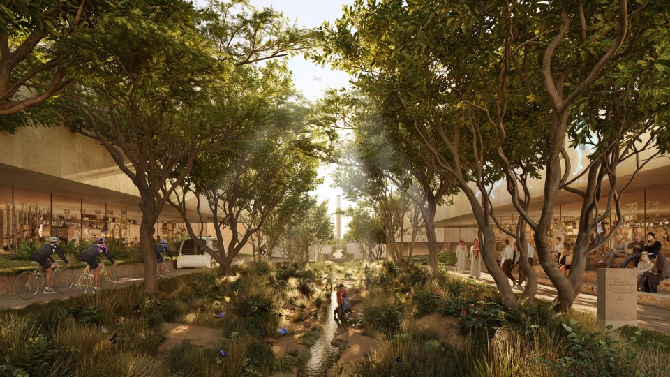 Illustration of King Salman International Airport in Saudi Arabia, featuring a tree-lined walkway with cyclists, pedestrians, and a small stream.