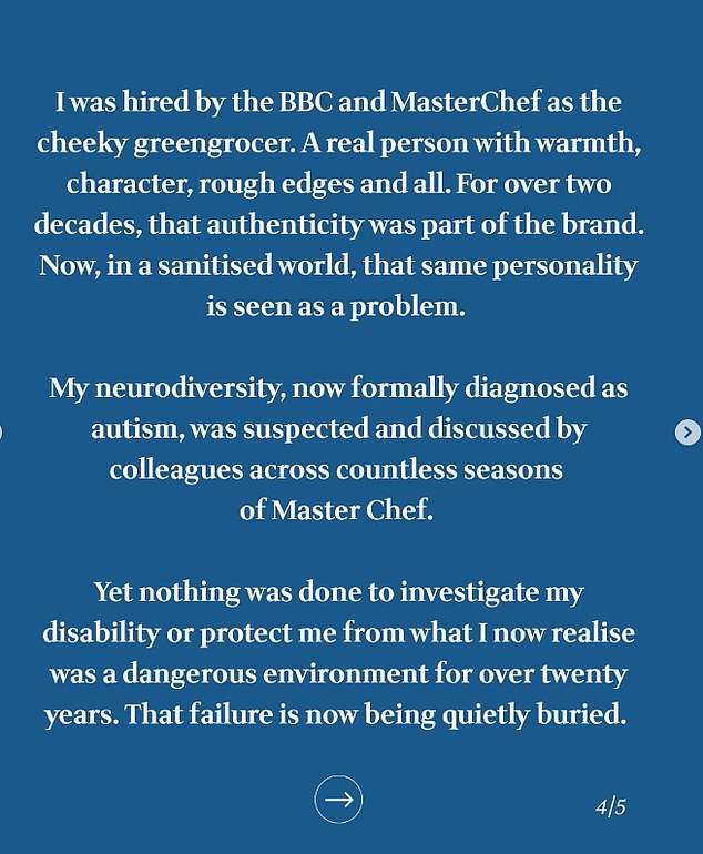 Gregg has previously said he felt the BBC failed to provide enough support for his condition during his 20 years working on MasterChef