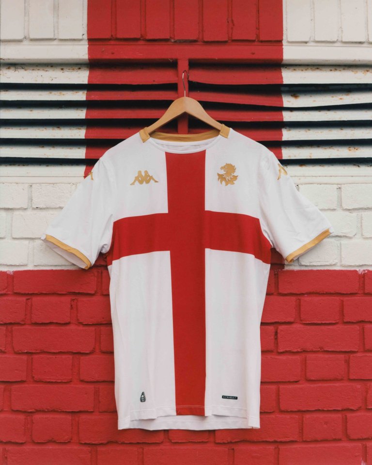 Genoa's new away jersey featuring a St. George's Cross.