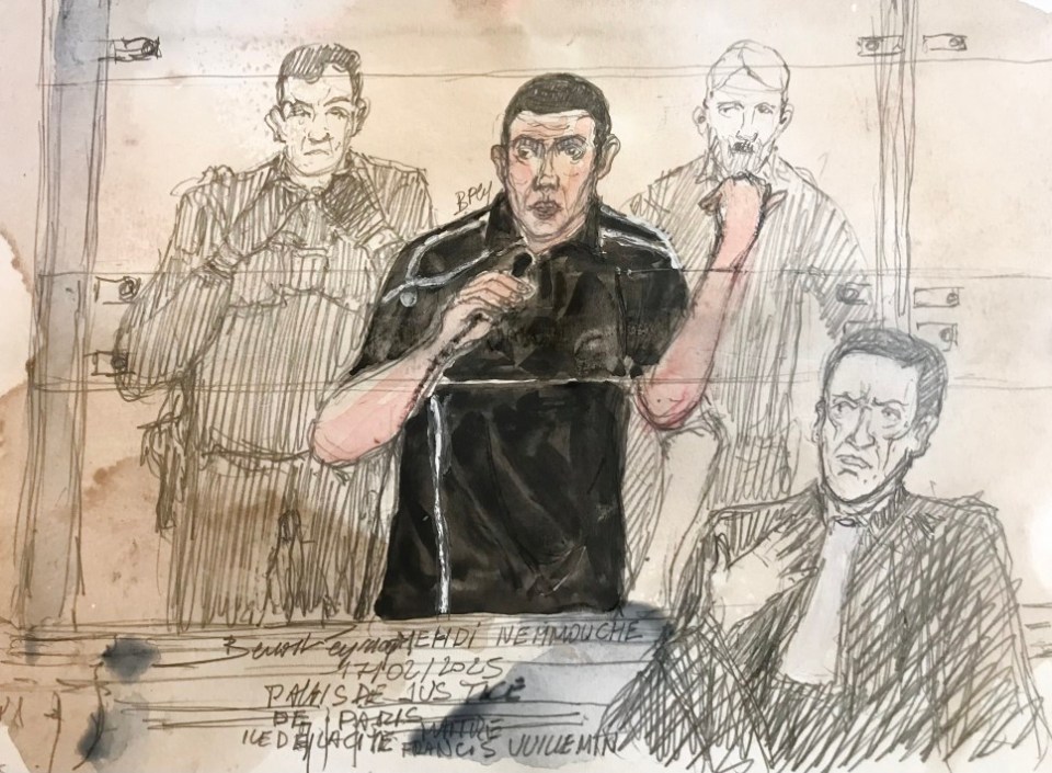 This court sketch created on February 17, 2025, shows defendant and convicted Brussels Jewish Museum killer Mehdi Nemmouche (C) during his trial accused of having held French journalists under the Islamic State in Syria in 2013, flanked by French lawyer Francis Vuillemin (R), at the Special Assize Court in Paris, on February 17, 2025. "I was never the jailer of the Western hostages or any other, and I never met these people in Syria", the 39-year-old defendant said on February 17, 2025, adding that he had only been a "soldier on the front line" involved in various jihadist groups against the regime of Bashar al-Assad. (Photo by Benoit PEYRUCQ / AFP) (Photo by BENOIT PEYRUCQ/AFP via Getty Images)
