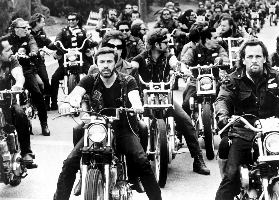 Black and white photo of a Hells Angels motorcycle club ride.