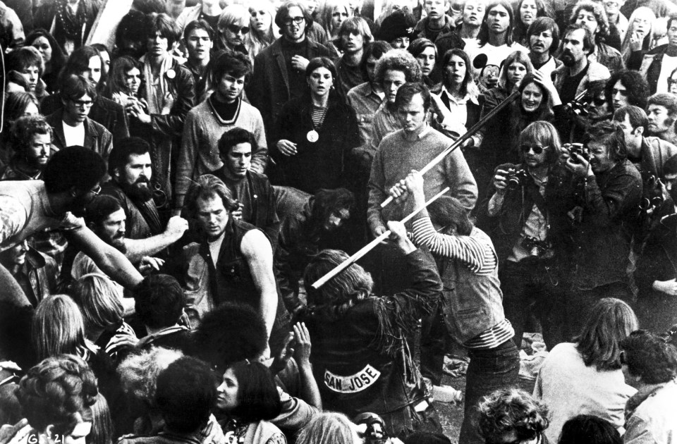 Photo of Hells Angels security at the Altamont Speedway concert, 1969.