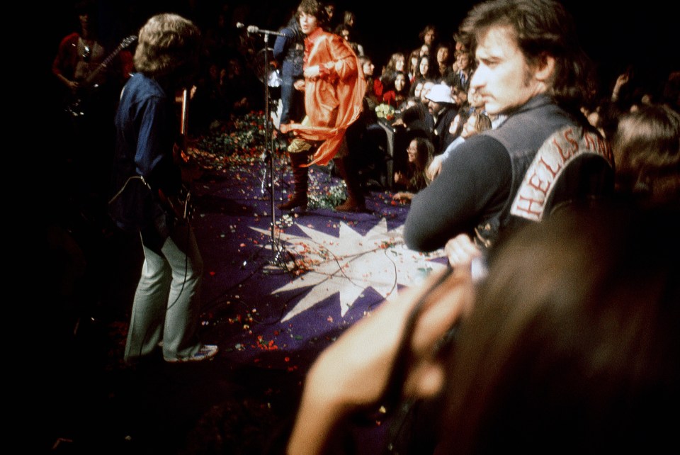 The Rolling Stones performing at the Altamont Speedway Free Festival.