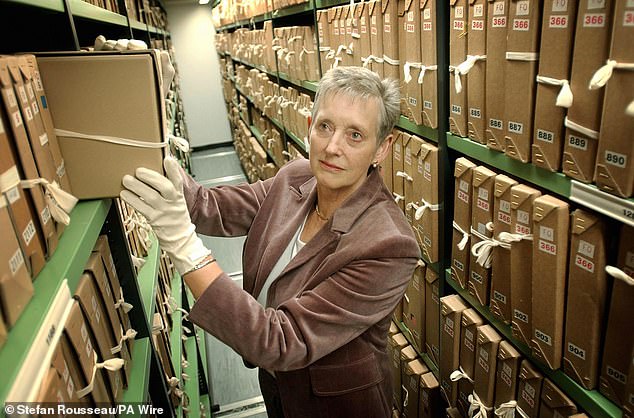 Dame Stella Rimington looks through some of the files at the Public Records Office in Kew which held an open day to the public along with other government buildings