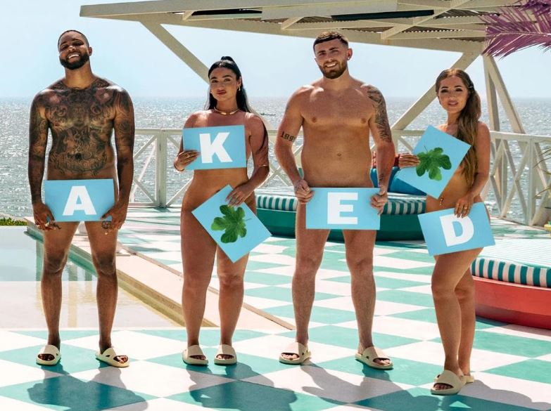 Four nude individuals holding letters to spell NAKED.