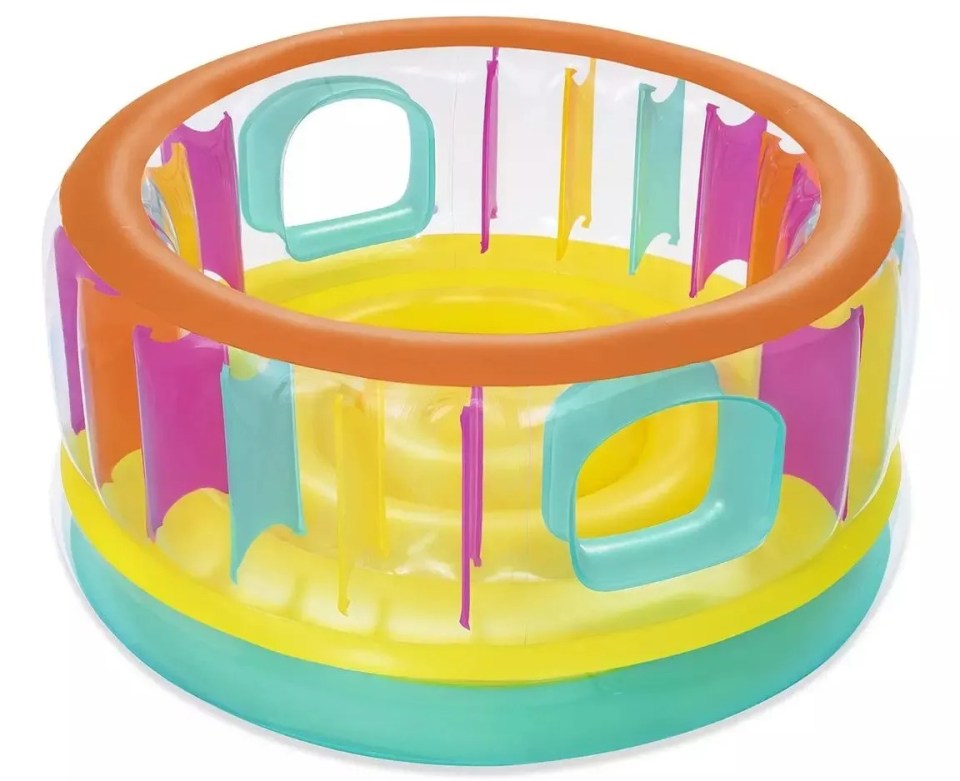 Inflatable pool with colorful panels.
