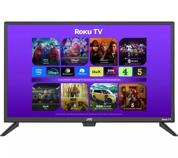 JVC Roku TV displaying streaming apps and available content.