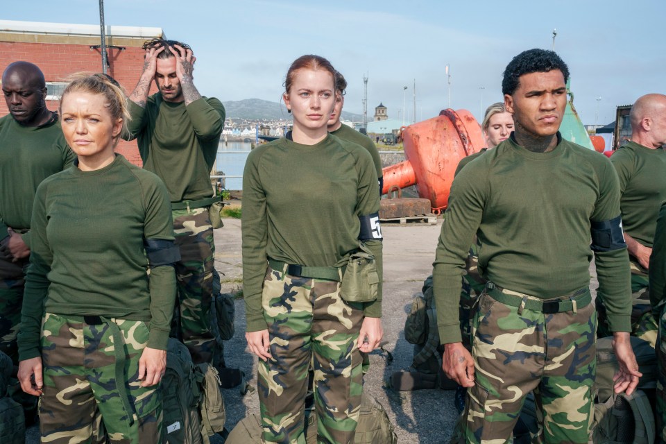 Hannah Spearritt, Tasha Ghouri, and Conor Ben in military attire at a fast boat extraction location.