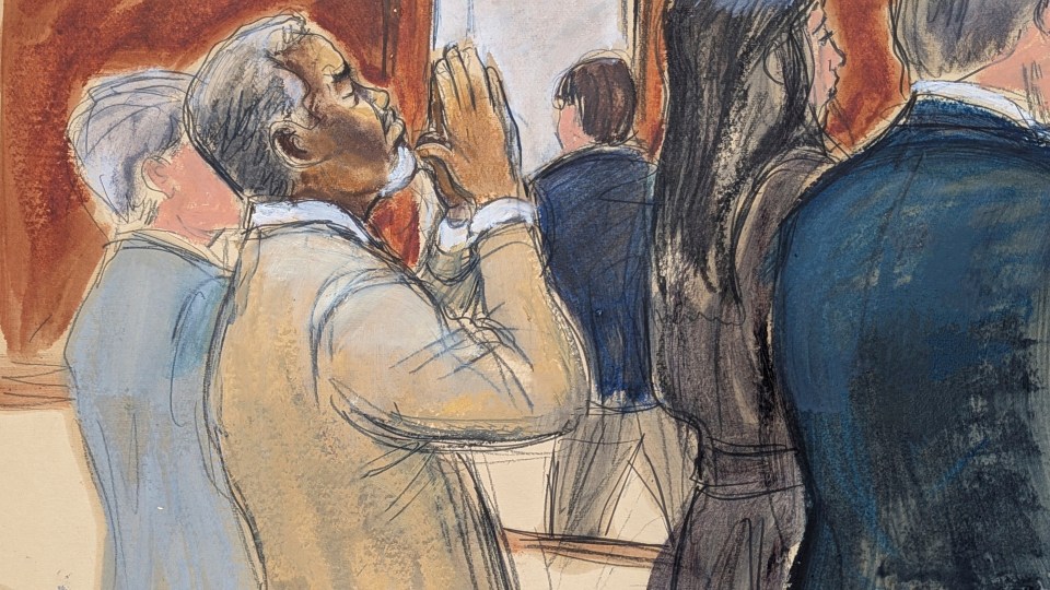Courtroom sketch of Sean "Diddy" Combs reacting to a verdict.