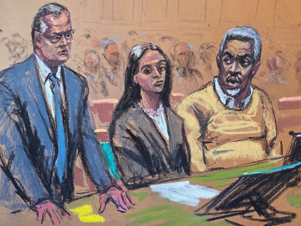Courtroom sketch of Sean "Diddy" Combs with his lawyers.