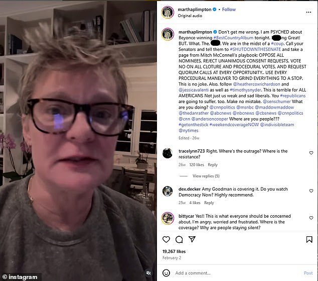 The longtime actress has been blasted by several social media users for her rants online including one earlier this year where she celebrated Beyonce's Best Country Music Album win at the Grammy Awards in February by accusing the Trump administration of a coup