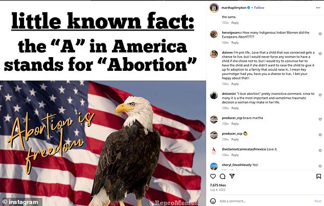 On July 4, 2024 she even posted a meme which read: 'little known fact" The "A" in America stands for "Abortion"' and even her followers took issue with the post in the comments