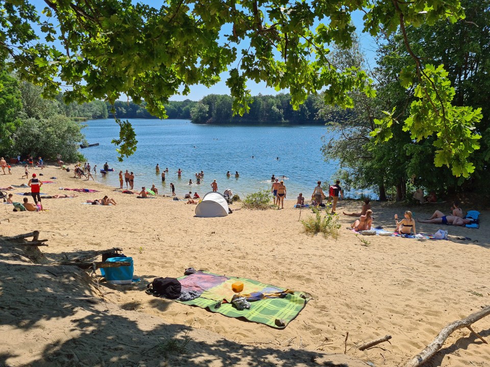 Crowded sandy lakeshore in Berlin with people swimming and sunbathing.