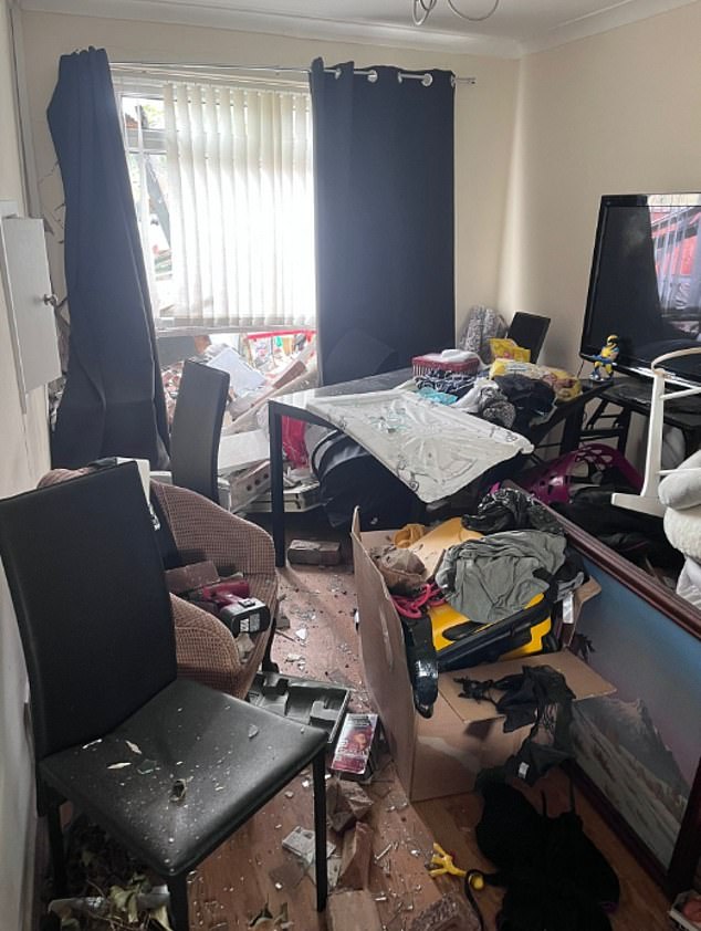 The mother-of-one told the Daily Mail the family were forced to leave the property immediately and weren't able to take any clothes or belongings (the aftermath of the crash pictured)