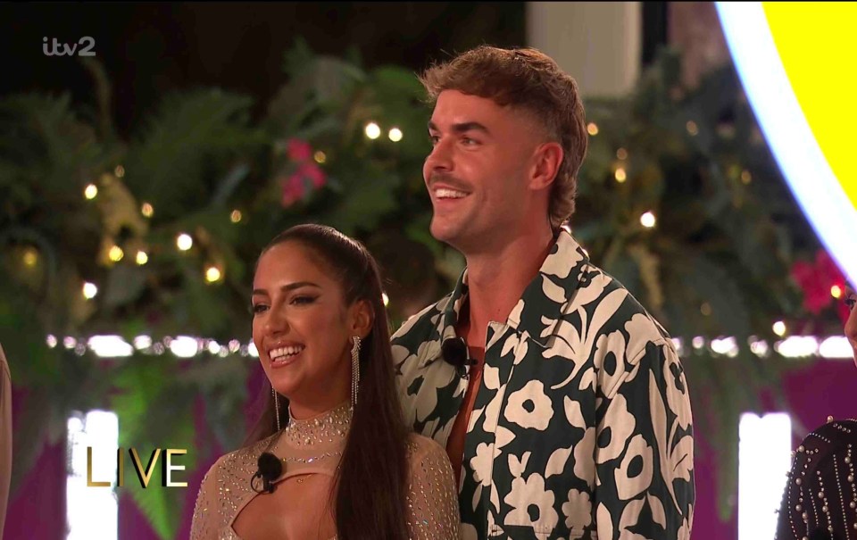 Screenshot of ITV2's Love Island: Mays Jama with Emma and Boris, Shakira and Harry.