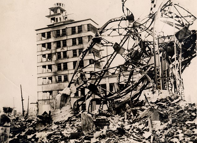 A twisted mass of metal is all that remains of a building in Hiroshima after the atomic bomb attack on August 6, 1945