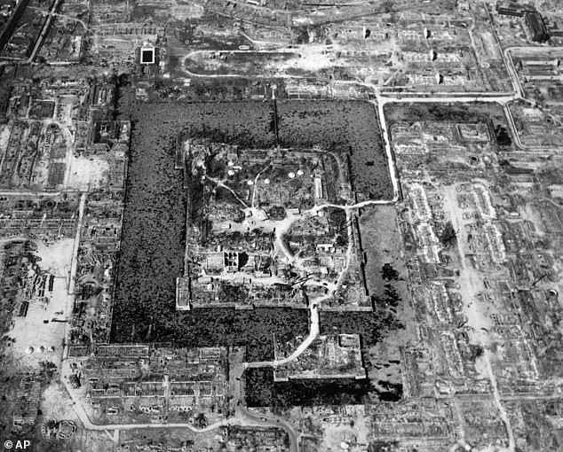 An American aerial photo of Hiroshima shows the almost total destruction of the city