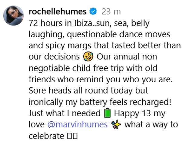 She penned: 'Our annual non negotiable child free trip with old friends who remind you who you are'