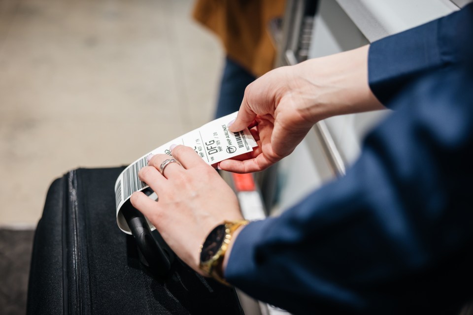 Airport staff member tagging a passenger's luggage.