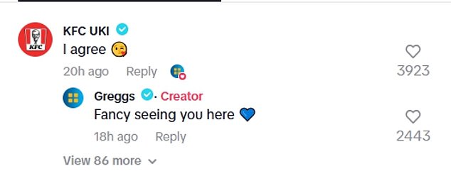 Greggs captioned their posts 'Oddly satisfying. Is this a sign', while KFC commented 'Bro might be onto to something