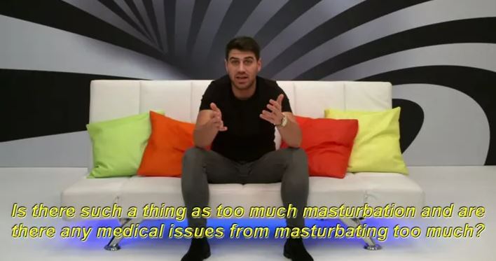Man on a couch discussing masturbation.