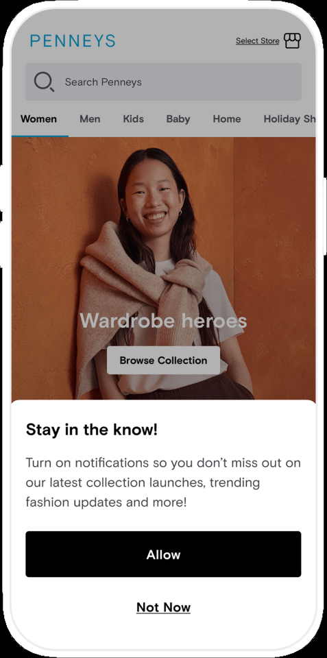 Penneys app screen showing a woman modeling clothes and a notification prompt.