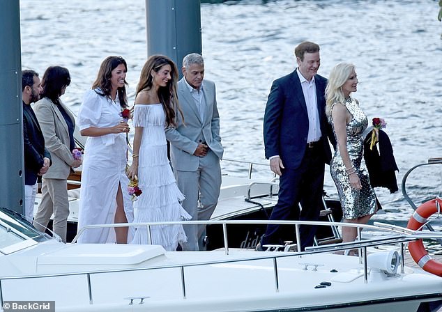 The couple, who own a mansion in Laglio on Lake Como, are in the area to host an exclusive experience organised by the Clooney Foundation for Justice, with dinners and events attended at Villa Passalacqua