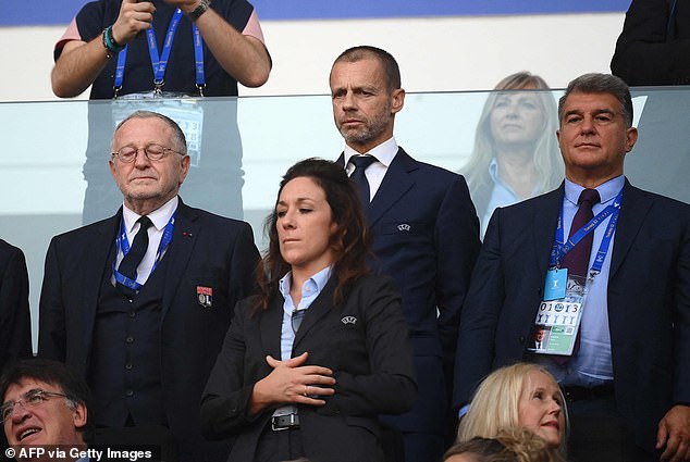 Palace will cite quotes from Barcelona president Joan Laporta (right) in reference to a decision made by UEFA president Aleksander Ceferin (back centre)