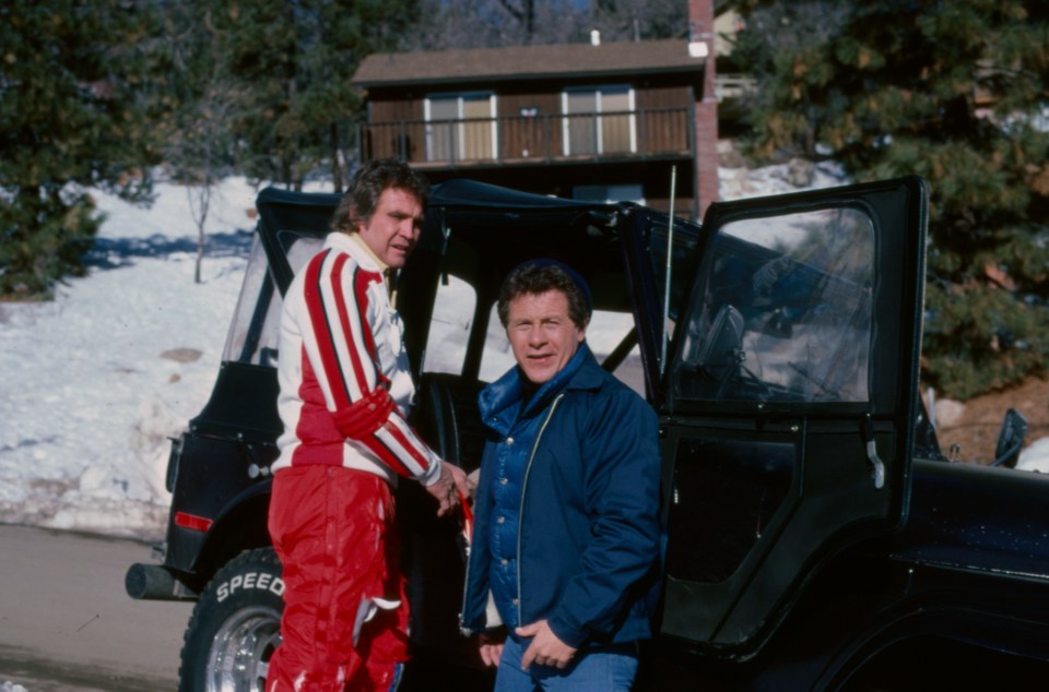Lee Majors and Alfie Wise on the set of "The Fall Guy".