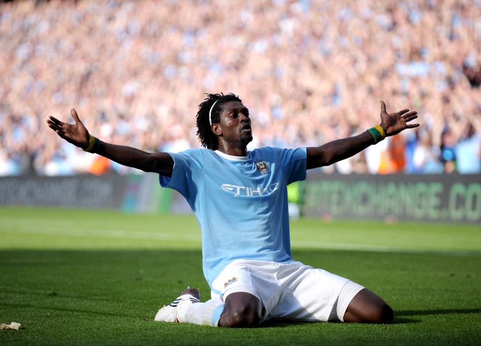 Emmanuel Adebayor of Manchester City celebrates a goal.