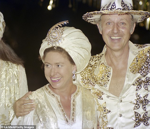 Princess Margaret and Colin Tennant at a gold-themed 50th Birthday Party of Hon Colin Tennant on Mustique