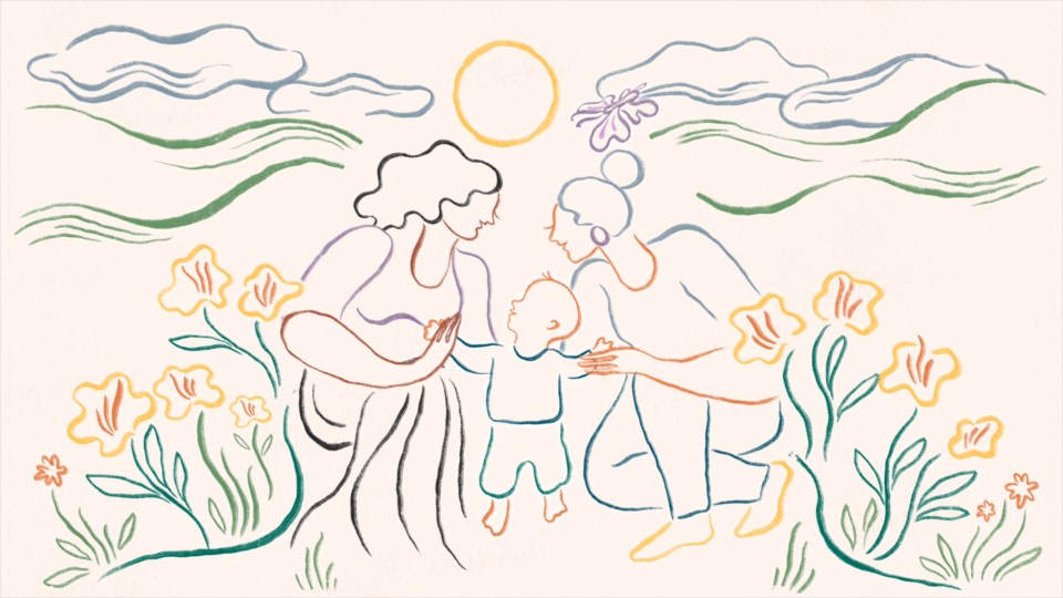 Illustration of two adults and a baby in a field of flowers.
