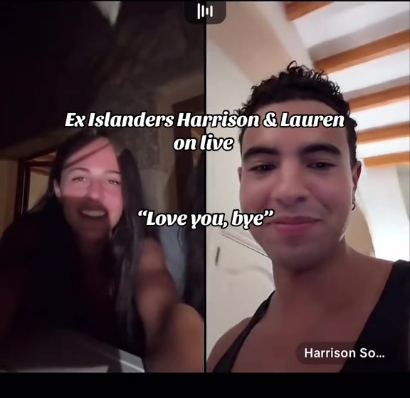 Screenshot of a split-screen video showing Harrison and Lauren from Love Island saying "Love you, bye" during a live stream.
