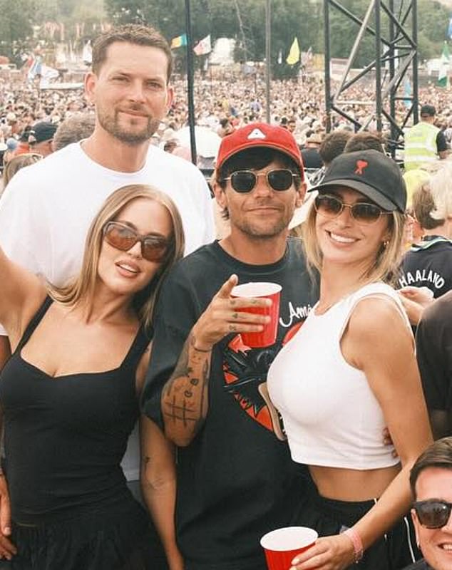 The TV presenter, 28, and the singer, 33, are reportedly 'the real deal' after declaring their love for each other for the world to see underneath the post (pictured with his sister Lottie and her fiance Lewis Burton at Glastonbury in June)