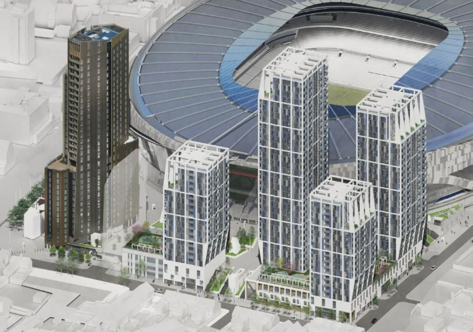 Illustration of residential towers near a stadium.