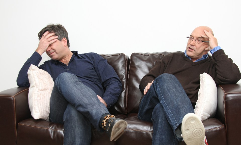 John Torode and Gregg Wallace sitting on a couch.