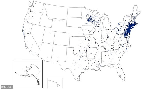 A map released by the disease officials shows how the bug was clustered near the South Fork area, where the Hamptons are located, back in 1995