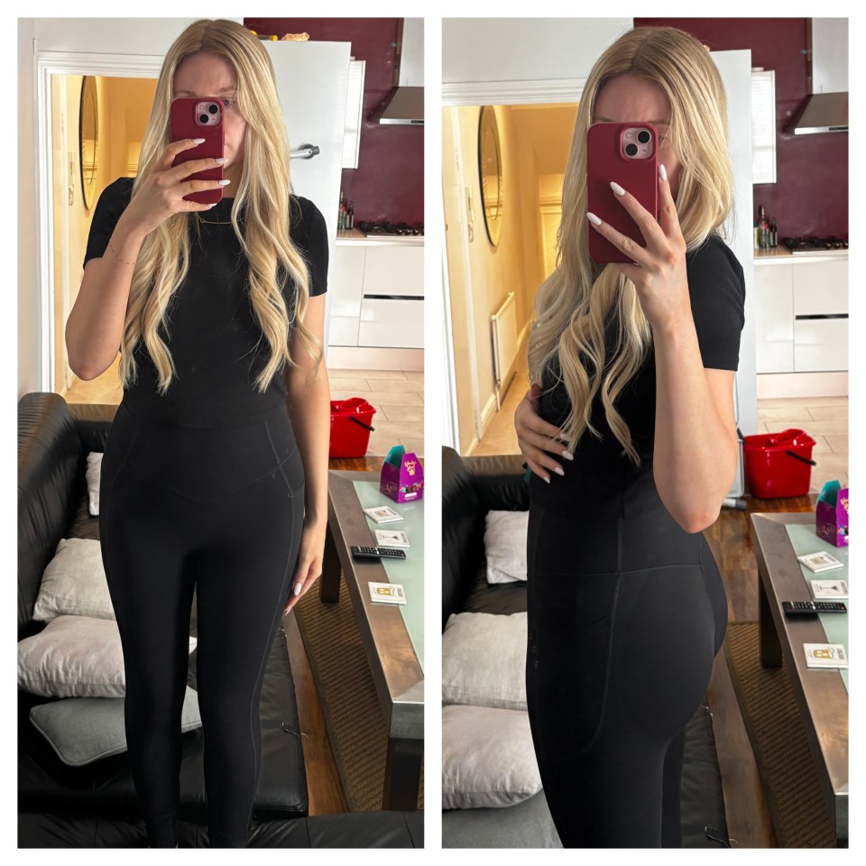 Woman modeling black leggings.