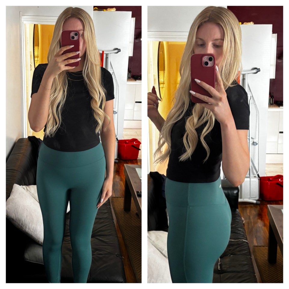 Woman modeling teal leggings.