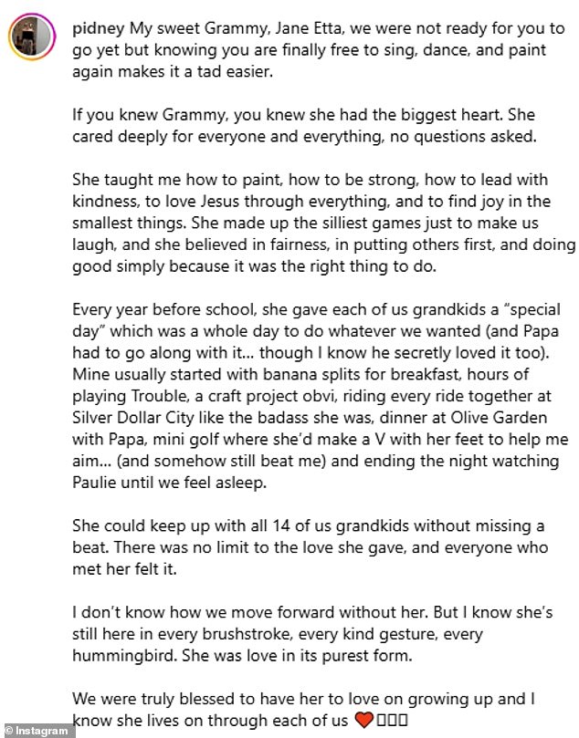 The death of Jane Etta Pitt, a former family counselor, was confirmed by her granddaughter and Pitt's niece Sydney in a heartbreaking post on Wednesday