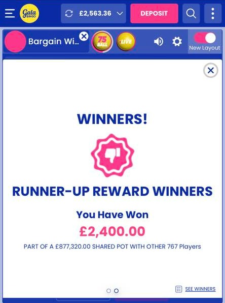 Gala Bingo runner-up reward: £2,400 win.