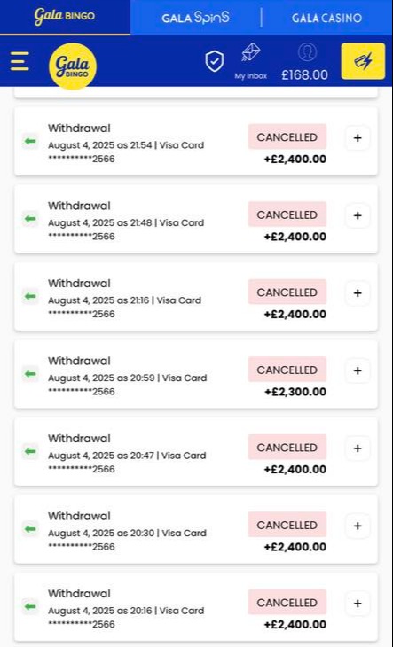 Screenshot of Gala Bingo app showing cancelled withdrawals and credited deposits.