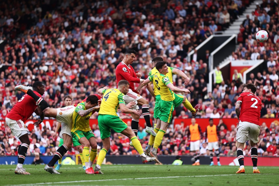 Cristiano Ronaldo of Manchester United heading the ball during a soccer match.