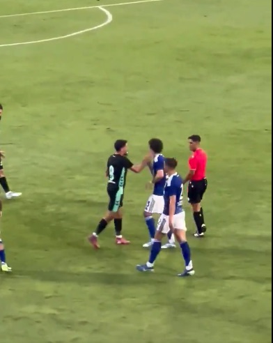 Soccer players arguing with a referee.