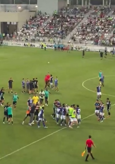 Soccer players in a brawl on the field.