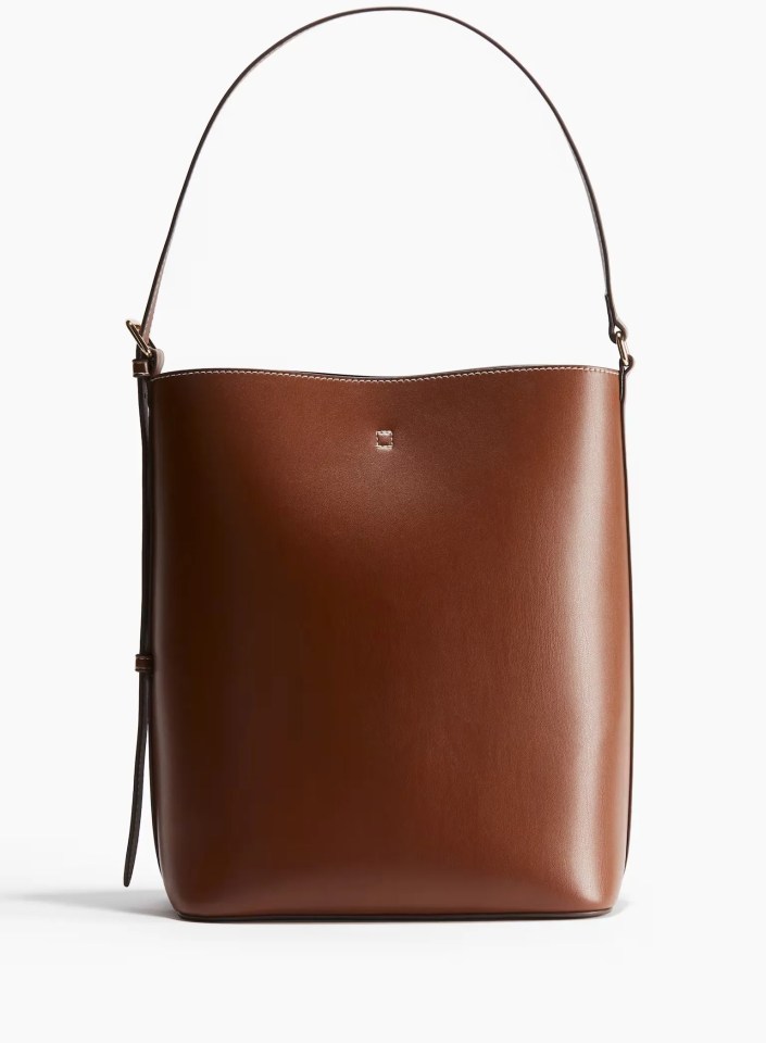 Brown leather bucket bag with a top handle.