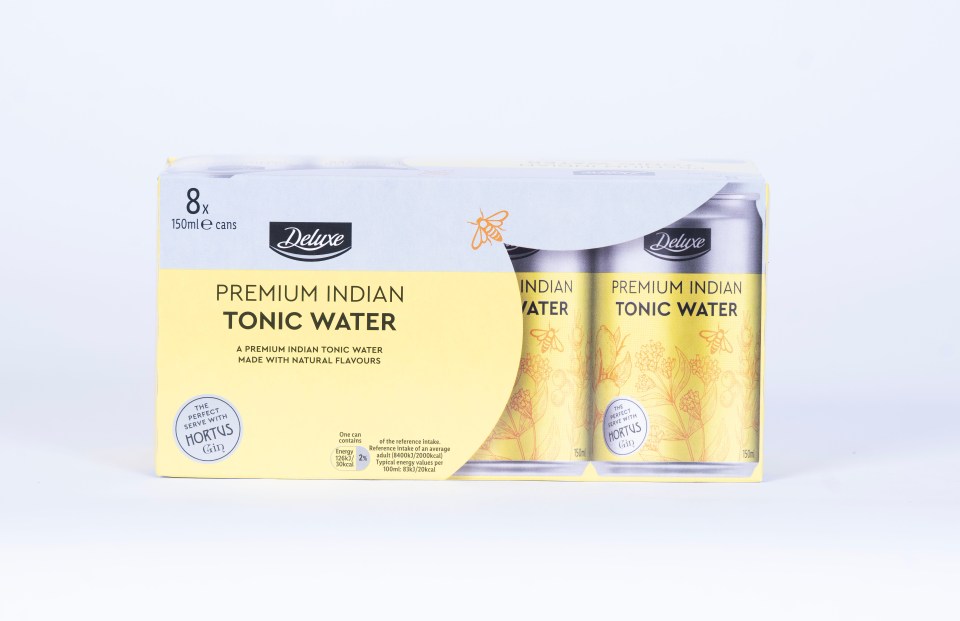 Eight 150ml cans of Deluxe Premium Indian Tonic Water.