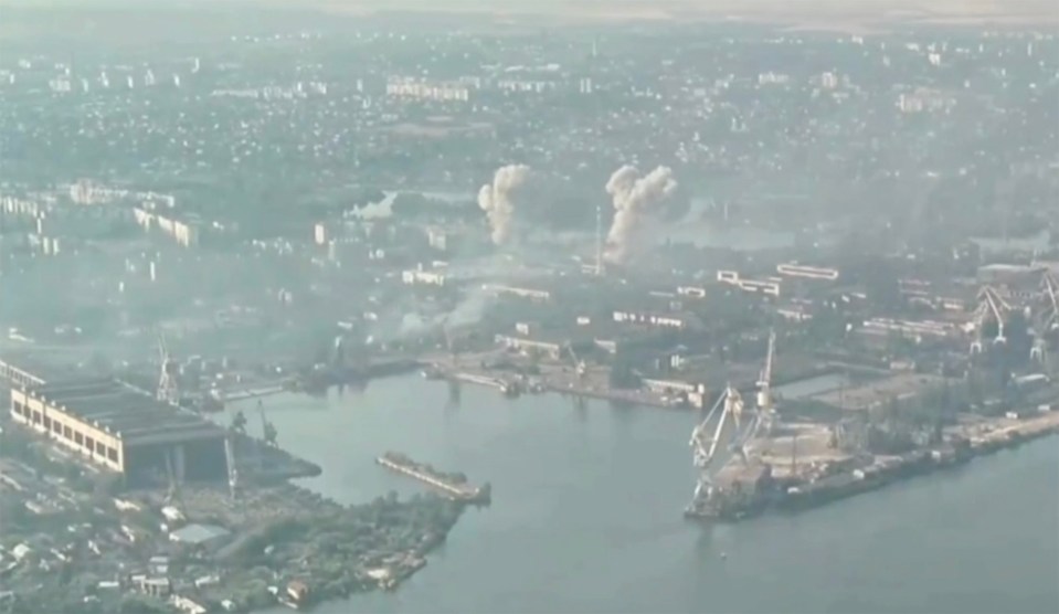 Aerial view of a bombed area in Kherson, Ukraine.
