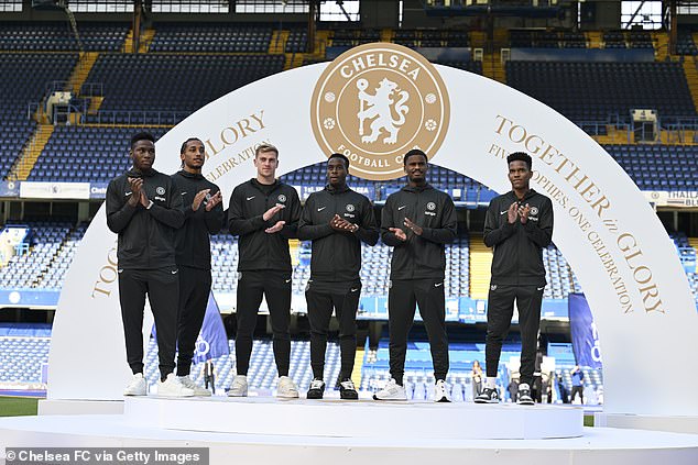 New signings Dario Essugo, Pedro, Liam Delap, Jamie Gittens, Jorrel Hato and Estevao Willian pictured together at Stamford Bridge on Wednesday